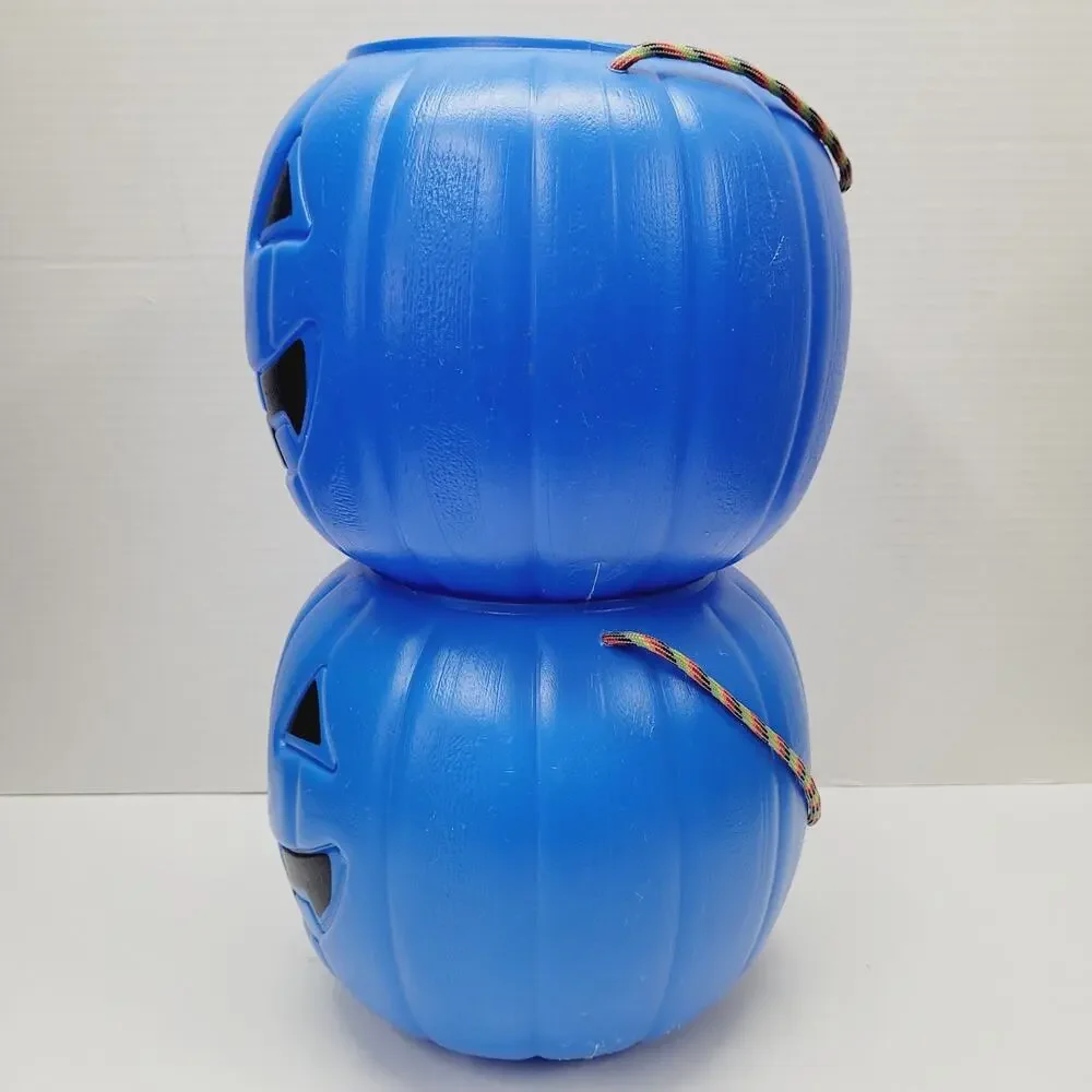 2 Halloween 8” BLUE Blow Mold Pumpkin Trick or Treat Pails W/Rope Handles